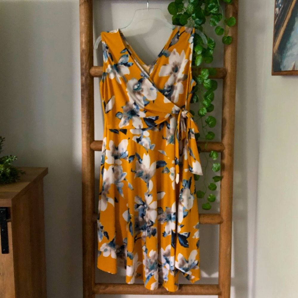 Yellow and blue floral wrap dress